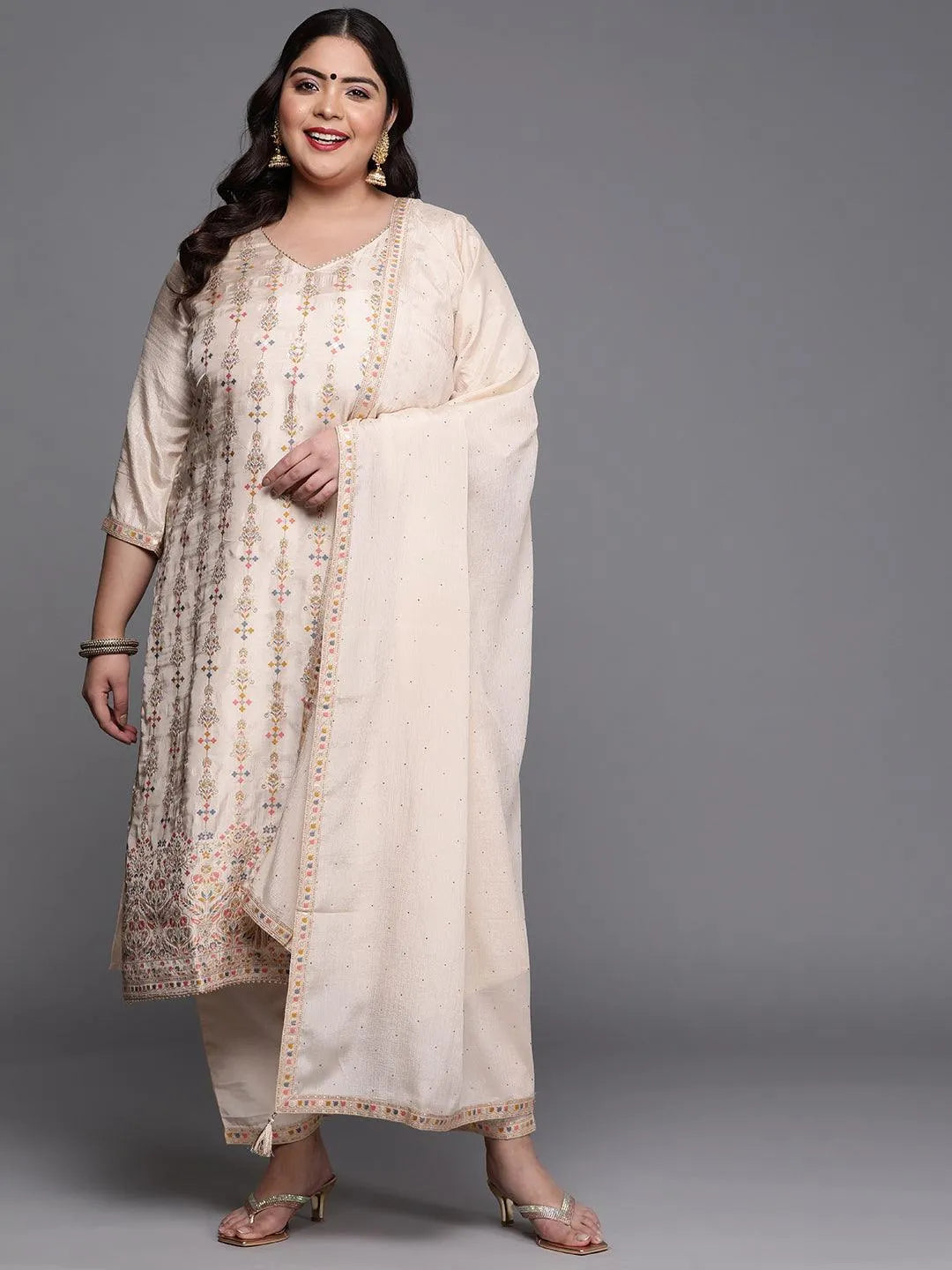 Plus Size Beige Woven Design Silk Blend Suit Set - Libas