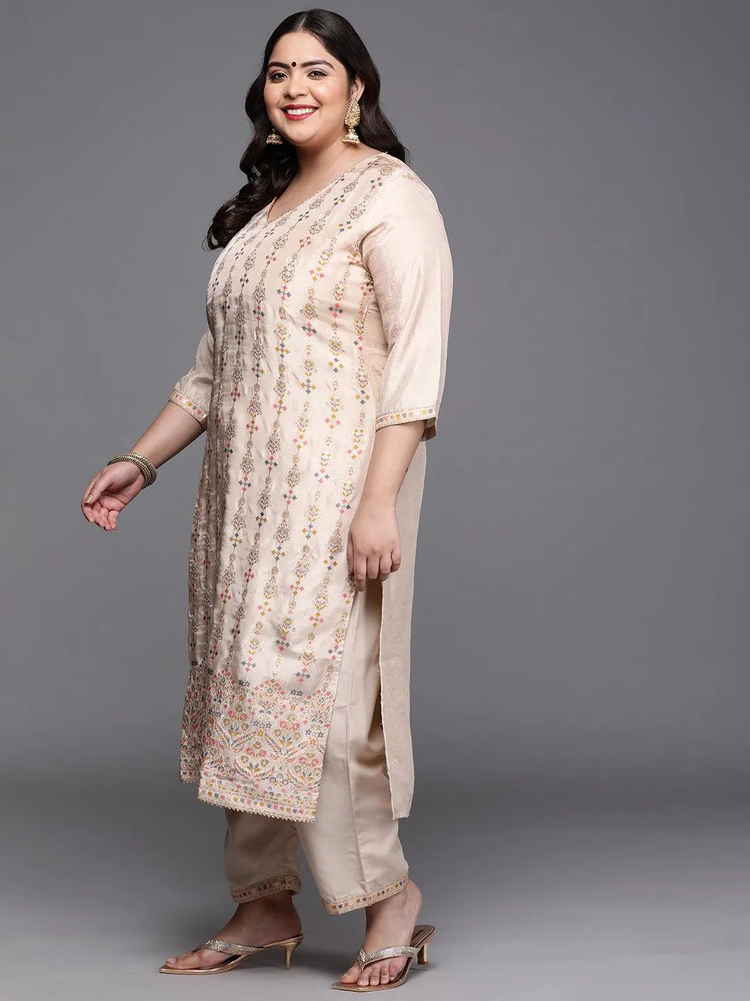 Plus Size Beige Woven Design Silk Blend Suit Set - Libas 