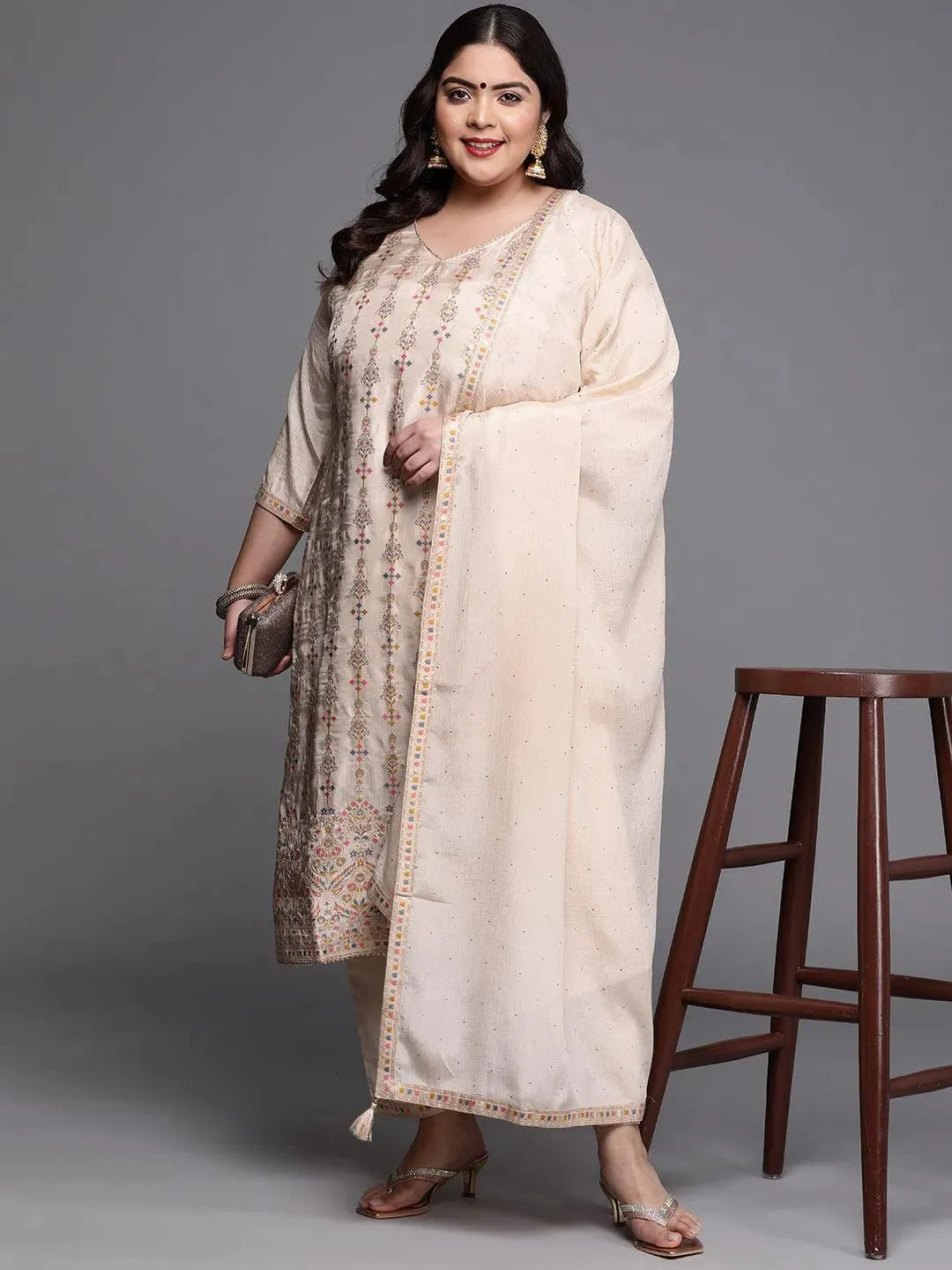 Plus Size Beige Woven Design Silk Blend Suit Set - Libas 