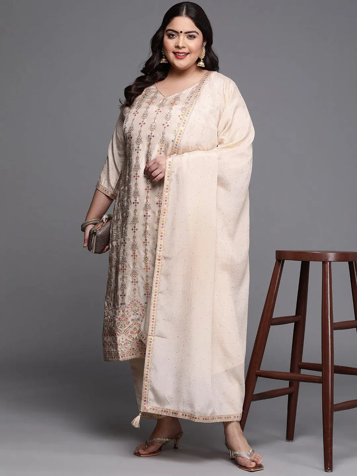 Plus Size Beige Woven Design Silk Blend Suit Set - Libas