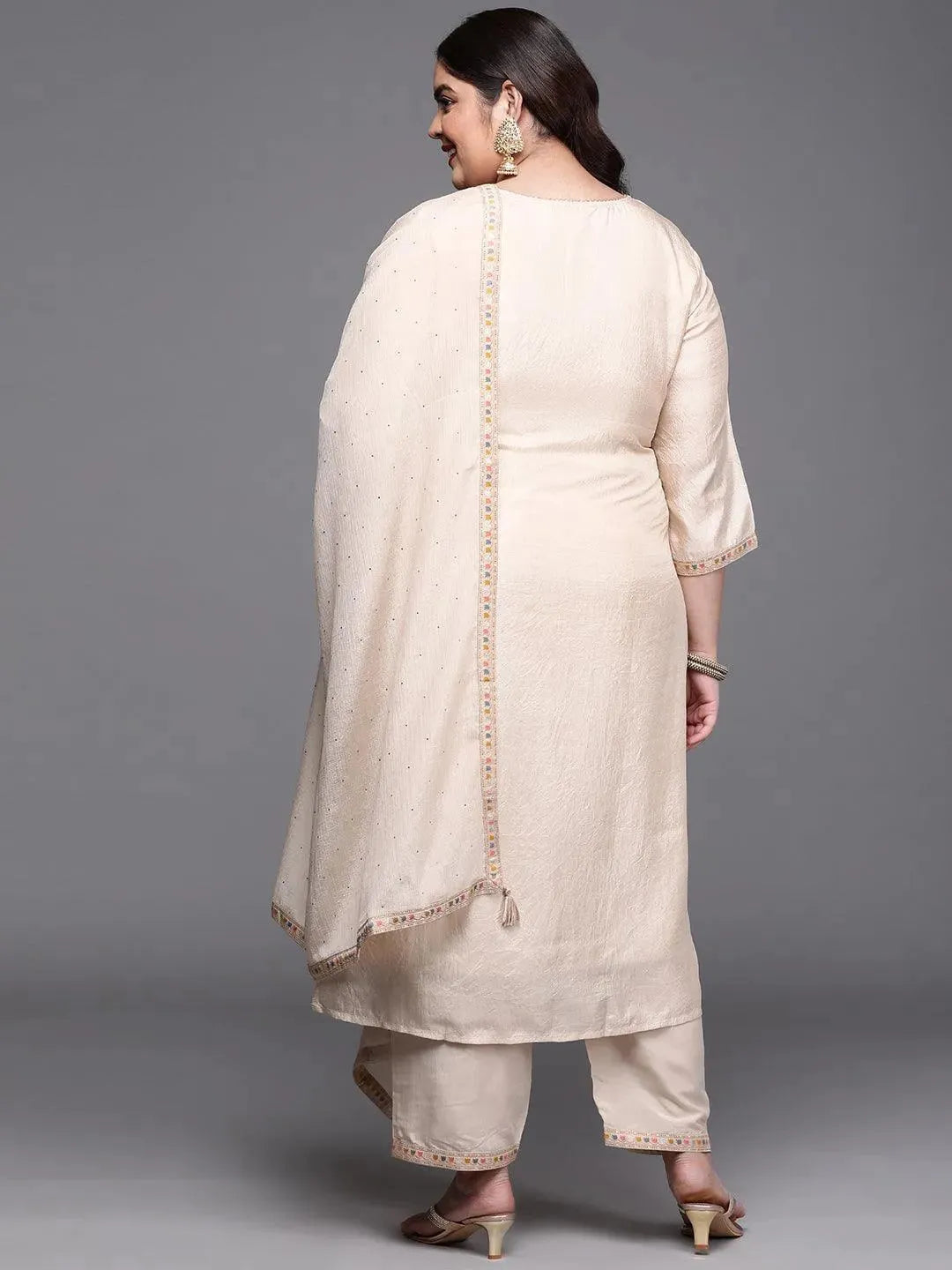 Plus Size Beige Woven Design Silk Blend Suit Set - Libas 