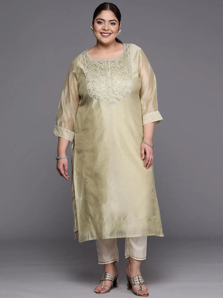 Plus Size Beige Yoke Design Chanderi Cotton Straight Kurta - Libas