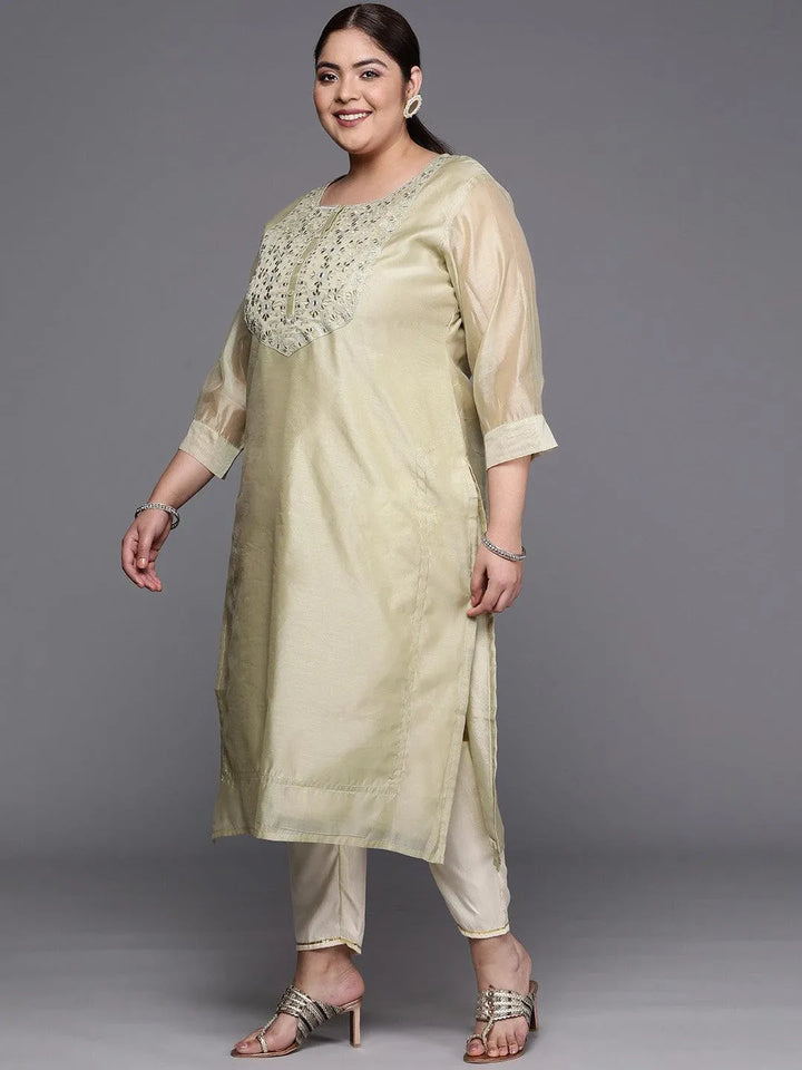 Plus Size Beige Yoke Design Chanderi Cotton Straight Kurta - Libas