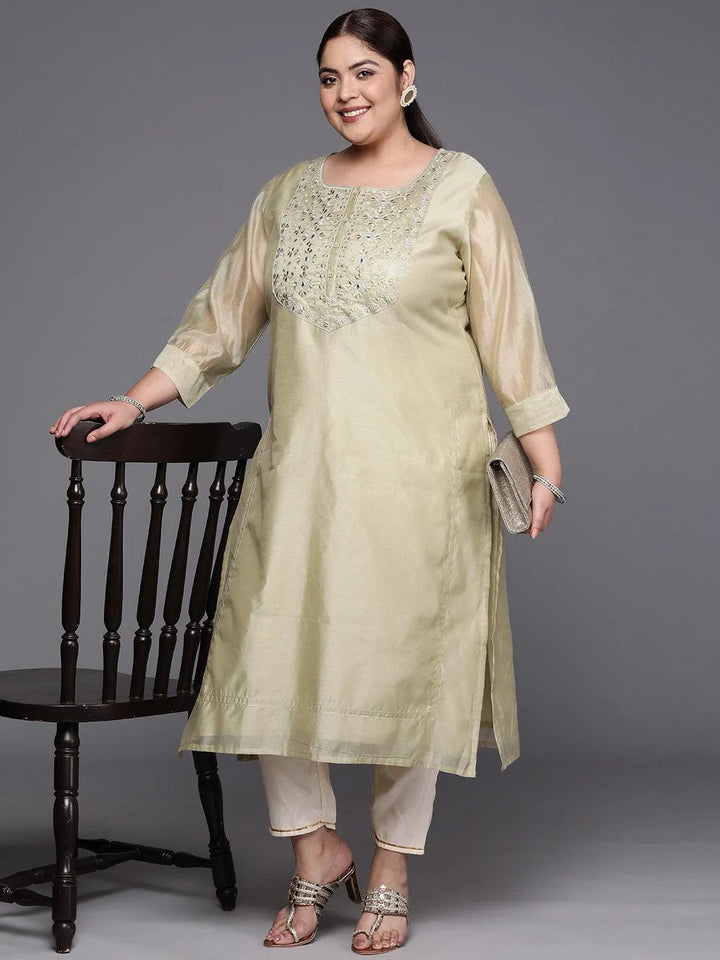 Plus Size Beige Yoke Design Chanderi Cotton Straight Kurta - Libas