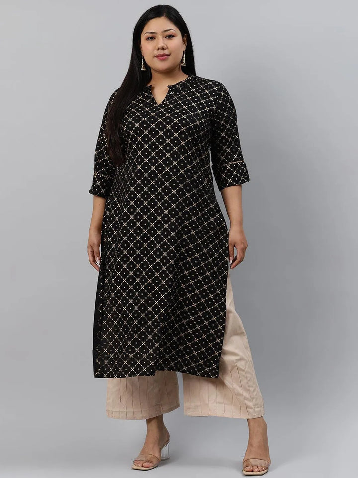 Plus Size Black Checkered Rayon Kurta - Libas