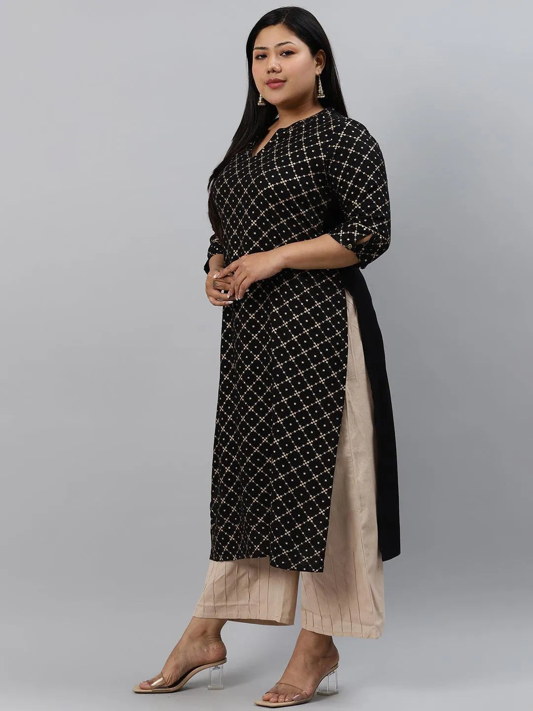 Plus Size Black Checkered Rayon Kurta - Libas