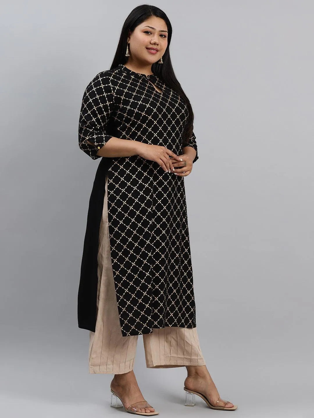 Plus Size Black Checkered Rayon Kurta - Libas