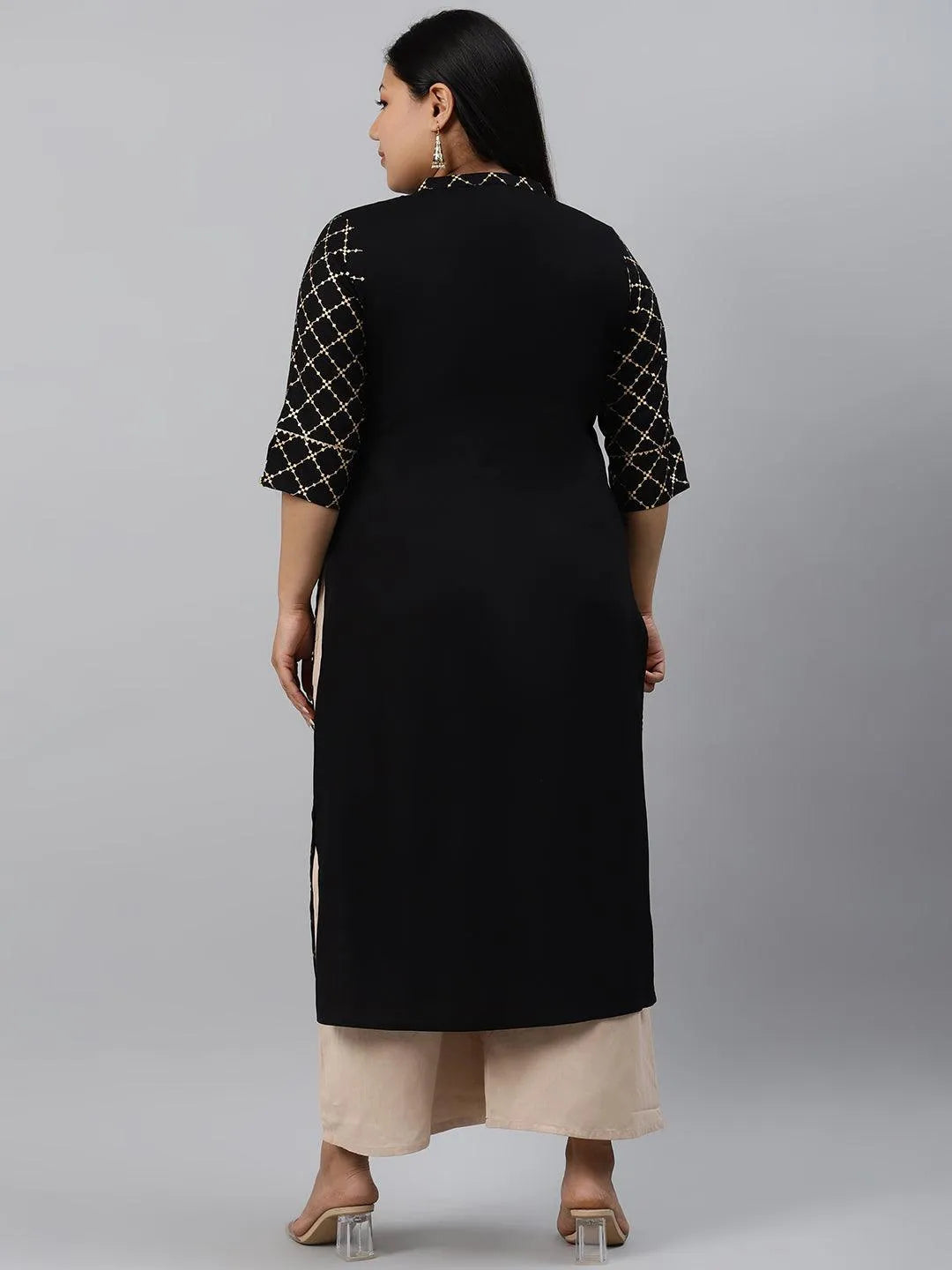 Plus Size Black Checkered Rayon Kurta - Libas