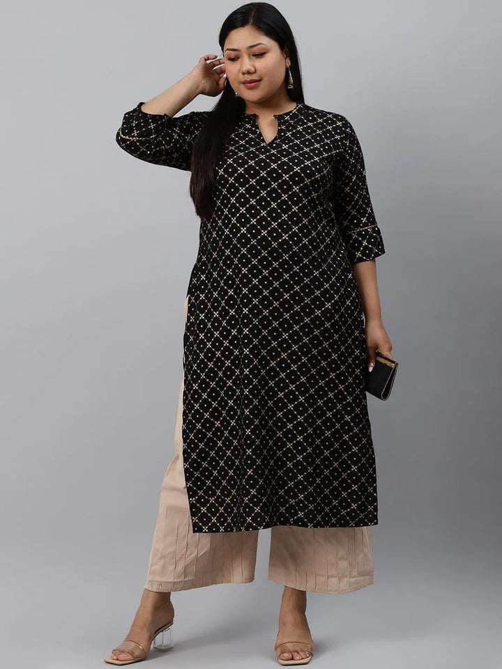 Plus Size Black Checkered Rayon Kurta - Libas