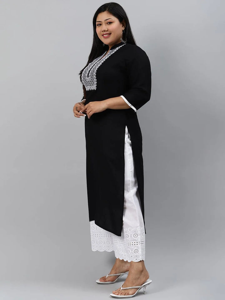 Plus Size Black Embroidered Rayon Kurta - Libas