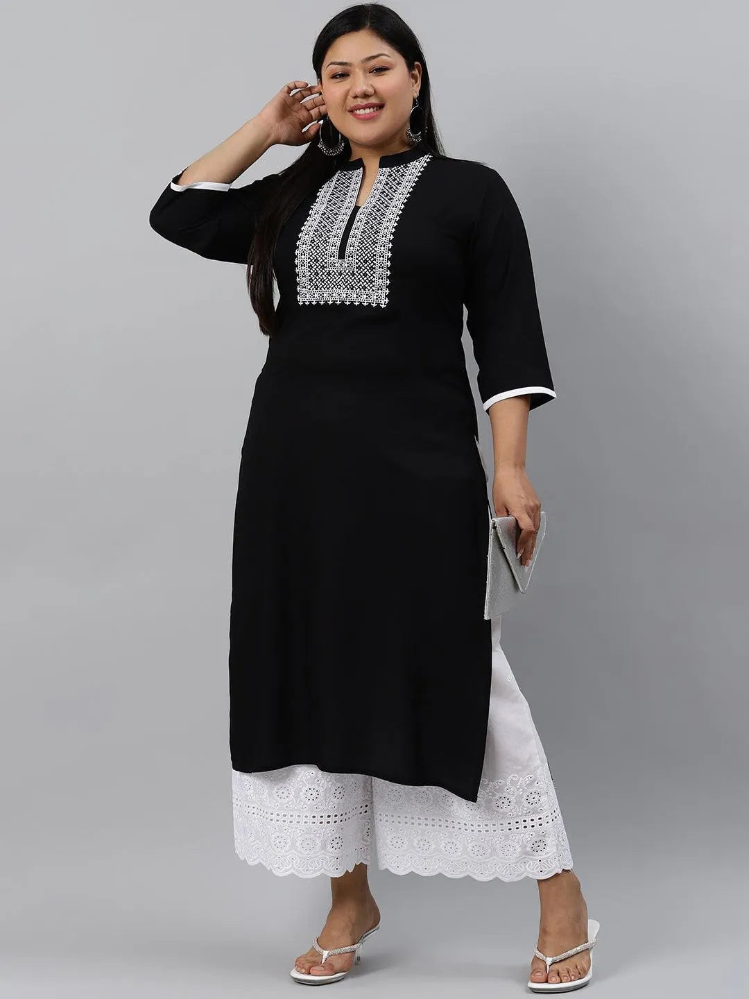 Plus Size Black Embroidered Rayon Kurta - Libas