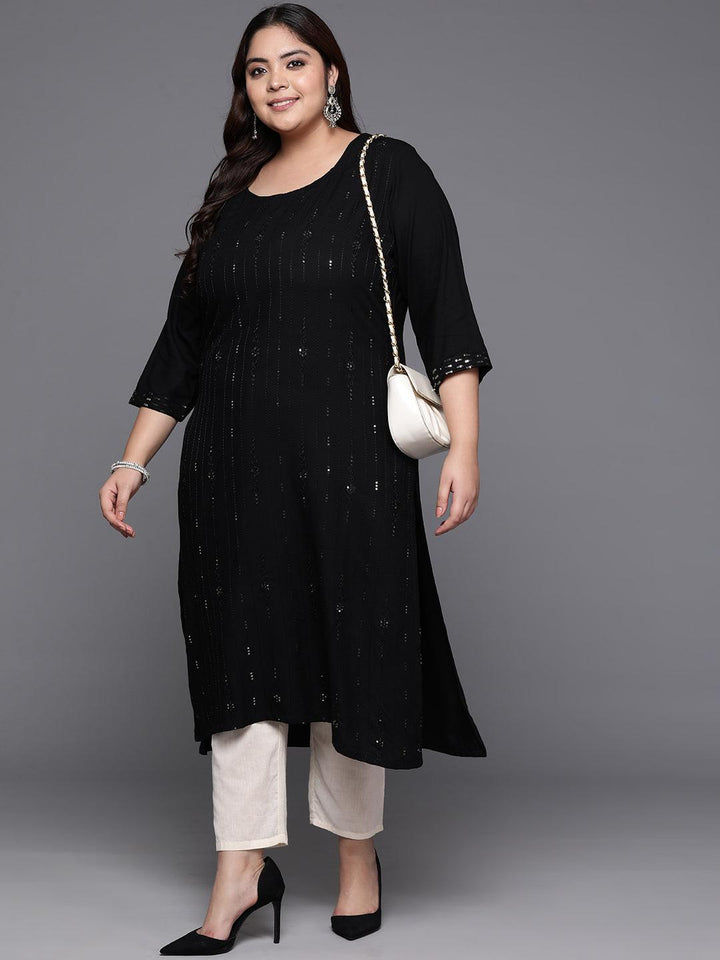 Plus Size Black Embroidered Rayon Straight Kurta - Libas