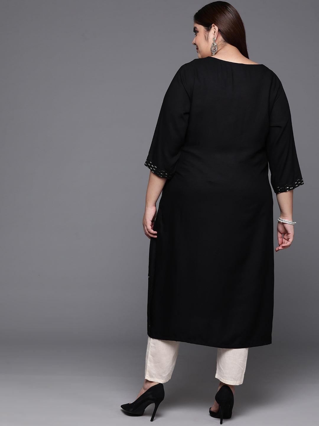 Plus Size Black Embroidered Rayon Straight Kurta - Libas 