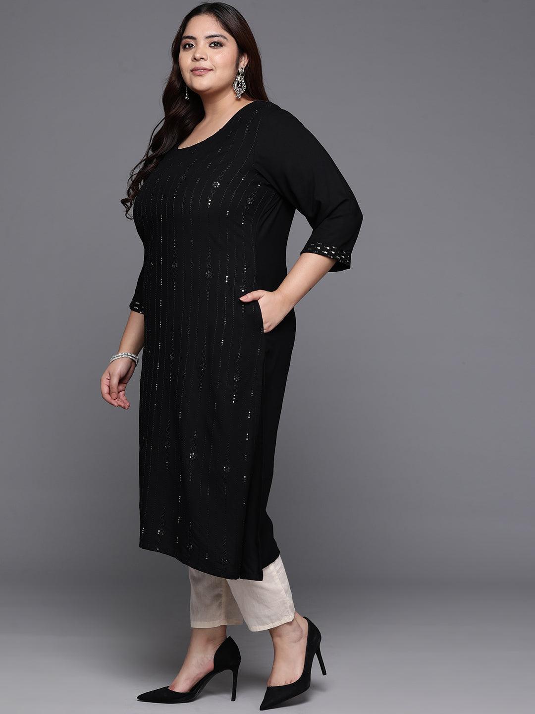 Plus Size Black Embroidered Rayon Straight Kurta - Libas 