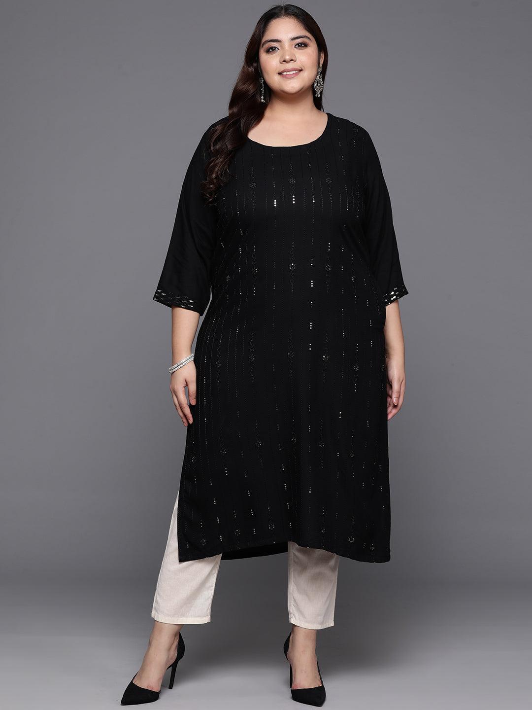 Plus Size Black Embroidered Rayon Straight Kurta - Libas 