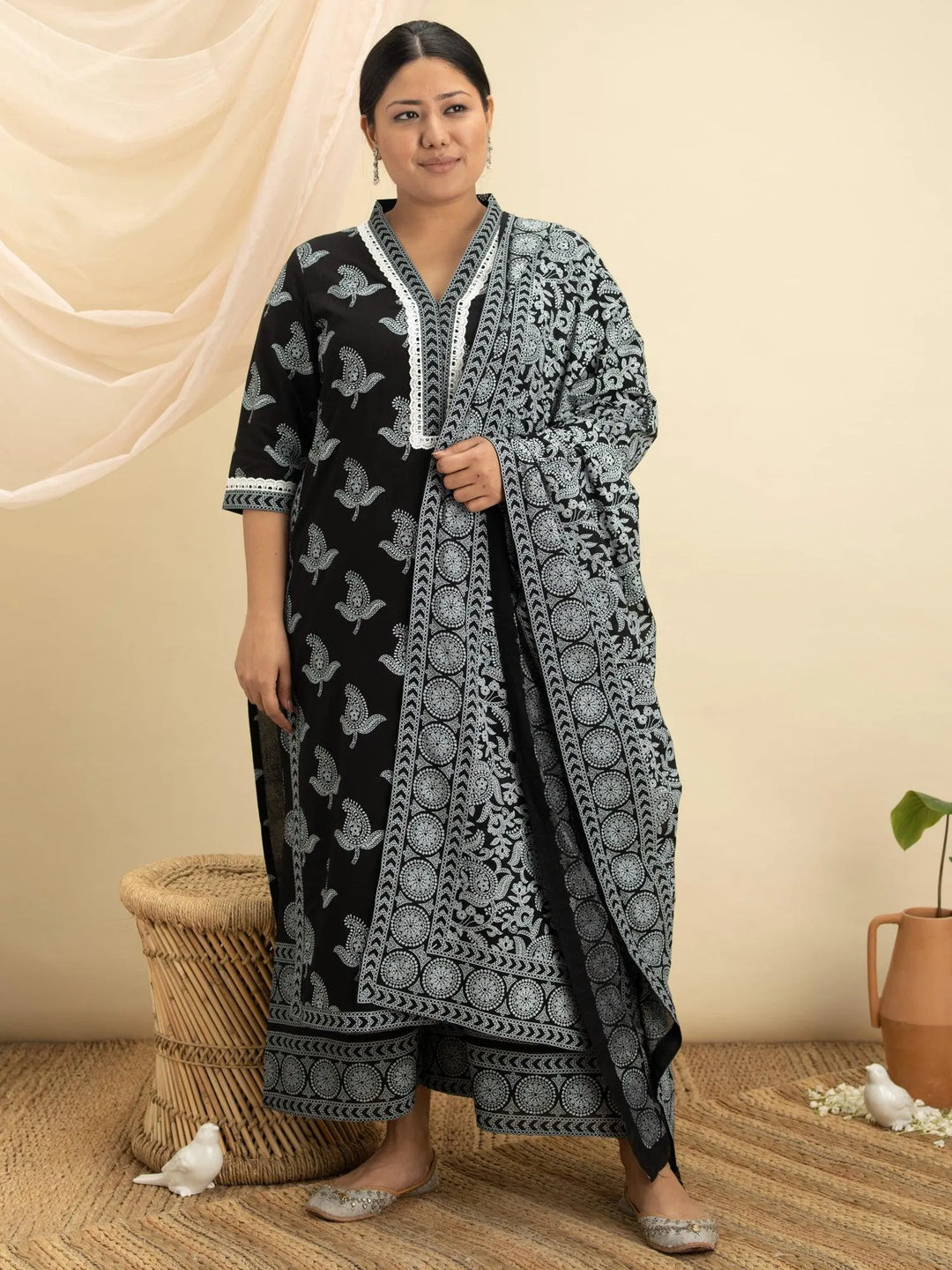 Plus Size Black Printed Cotton Suit Set - Libas 