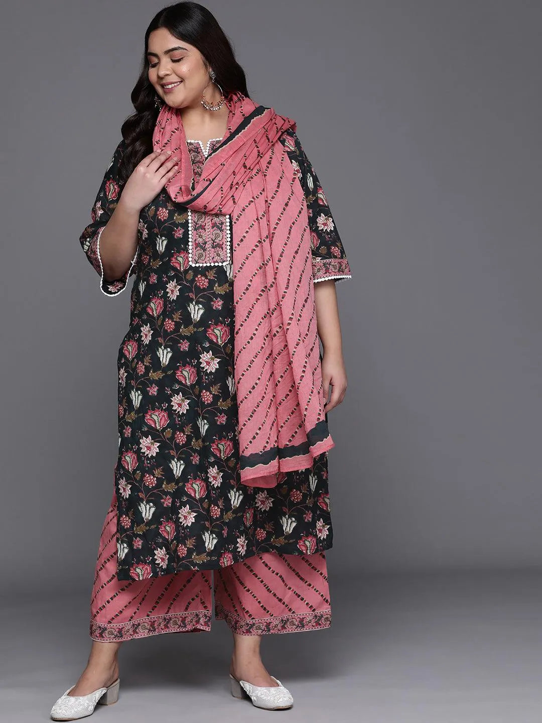 Plus Size Black Printed Cotton Suit Set - Libas 