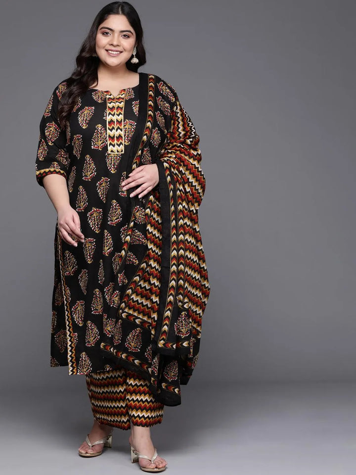 Plus Size Black Printed Cotton Suit Set - Libas