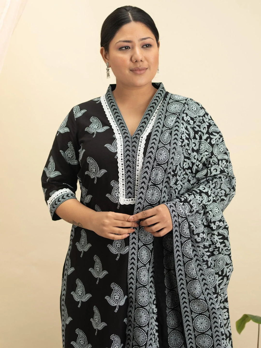 Plus Size Black Printed Cotton Suit Set - Libas 