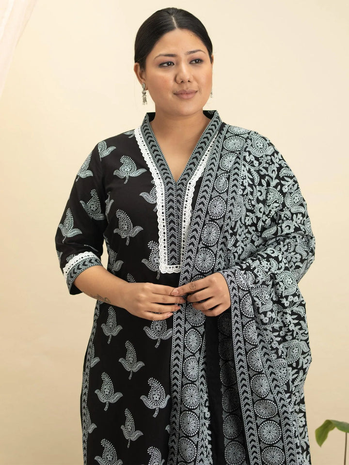 Plus Size Black Printed Cotton Suit Set - Libas