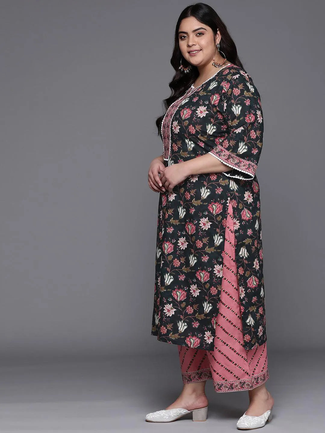 Plus Size Black Printed Cotton Suit Set - Libas 