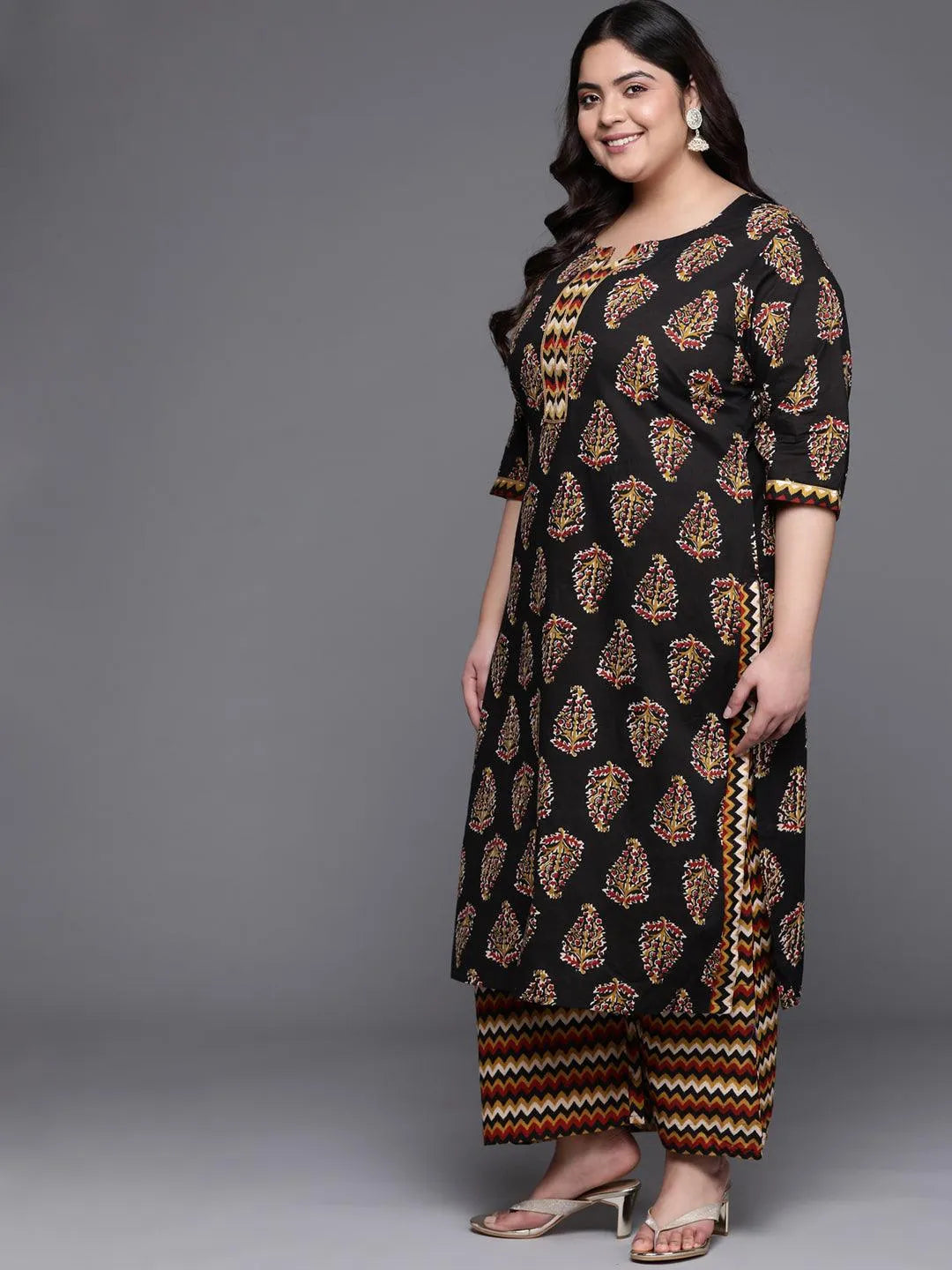 Plus Size Black Printed Cotton Suit Set - Libas