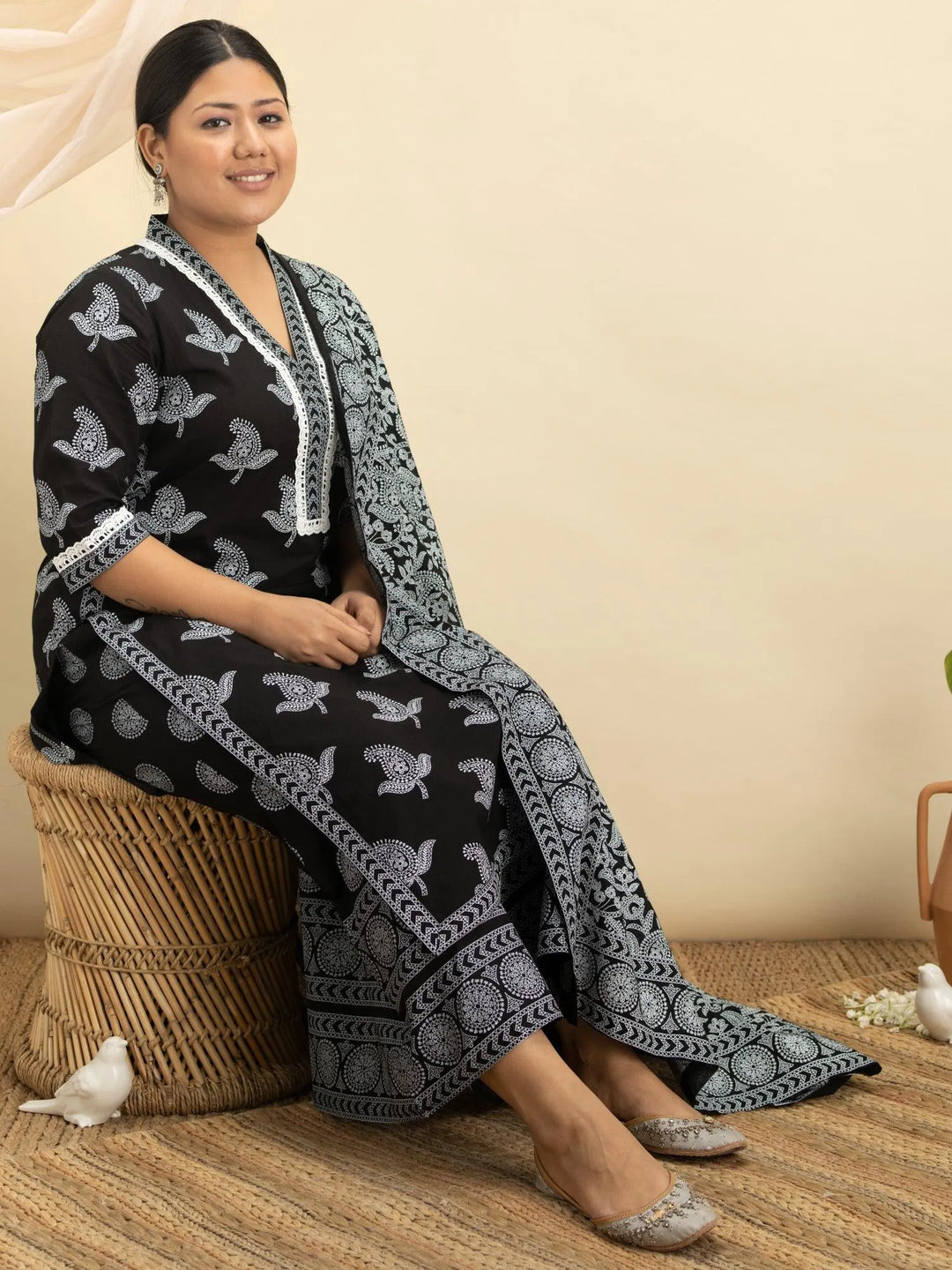 Plus Size Black Printed Cotton Suit Set - Libas 