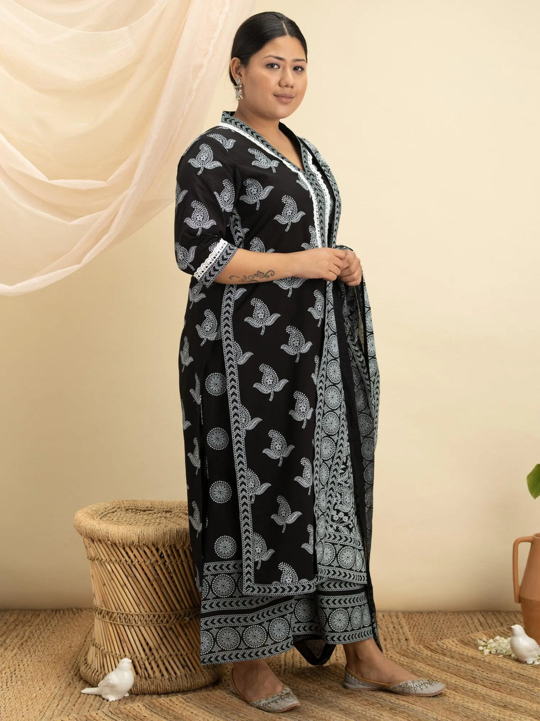 Plus Size Black Printed Cotton Suit Set - Libas 