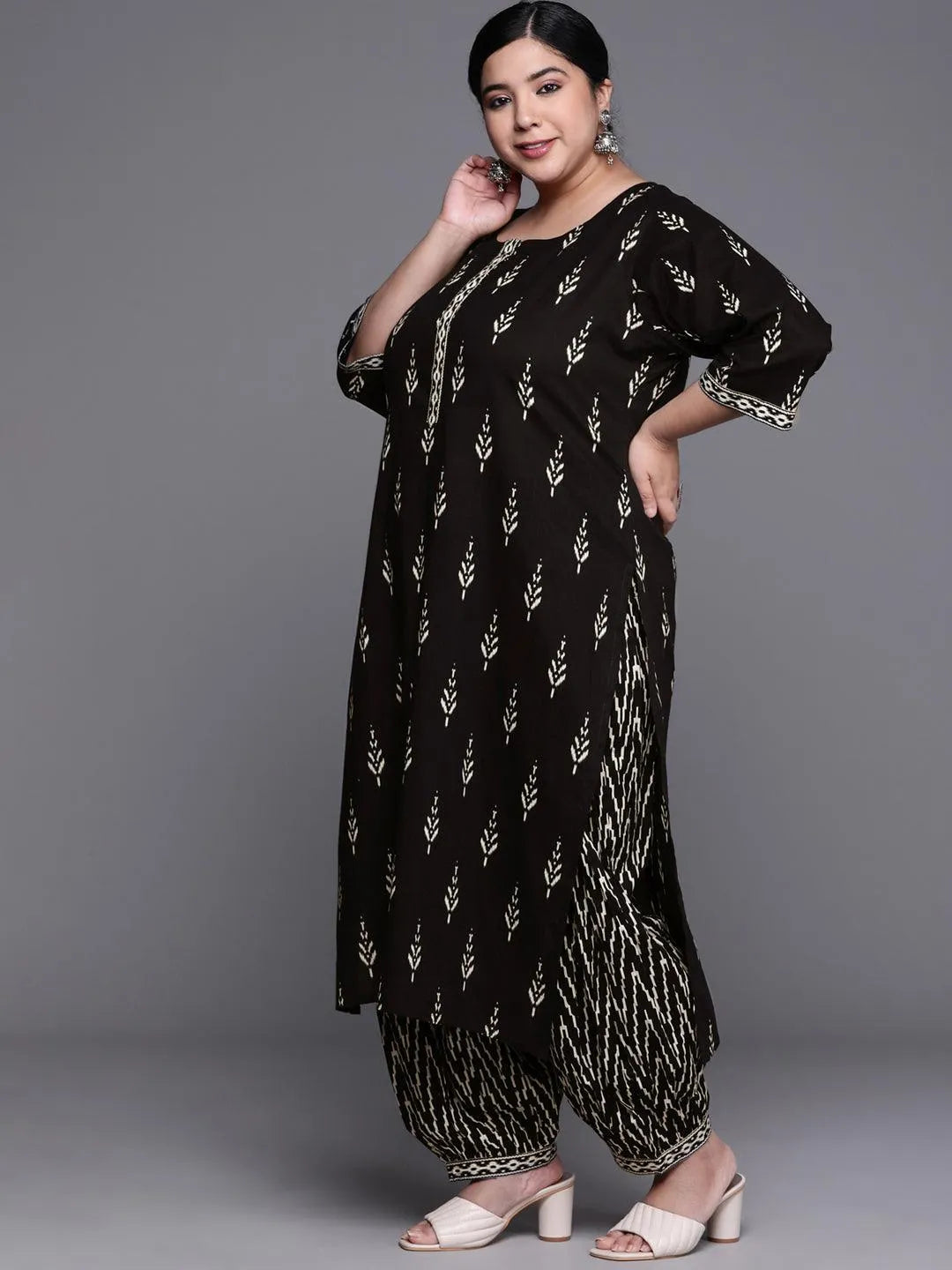 Plus Size Black Printed Cotton Suit Set - Libas 