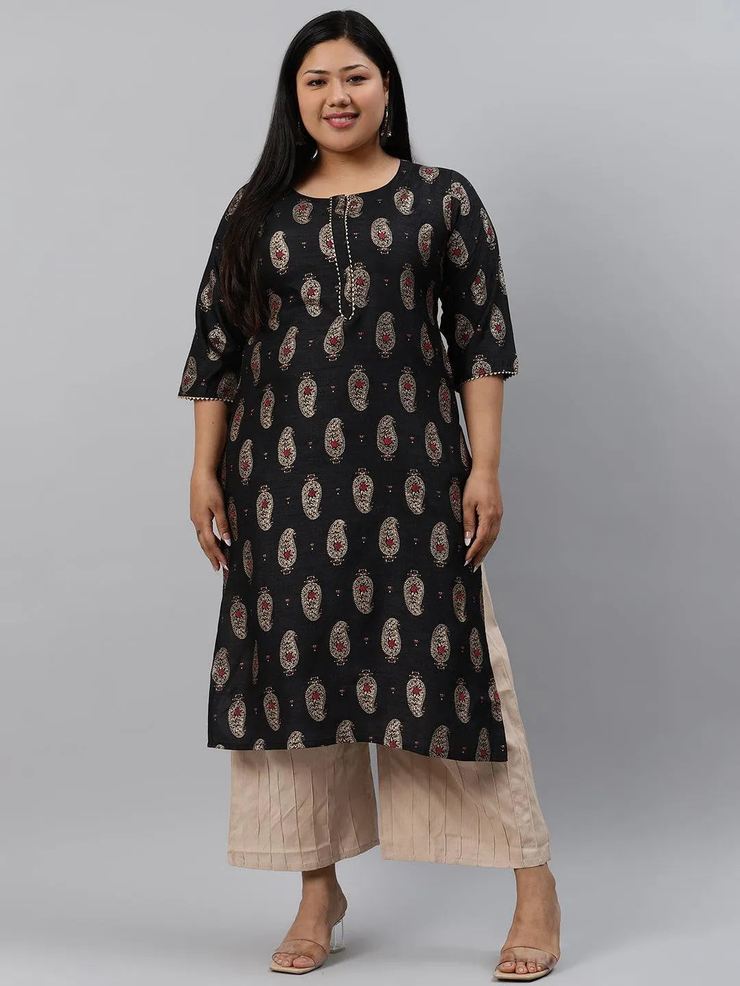 Plus Size Black Printed Silk Kurta - Libas