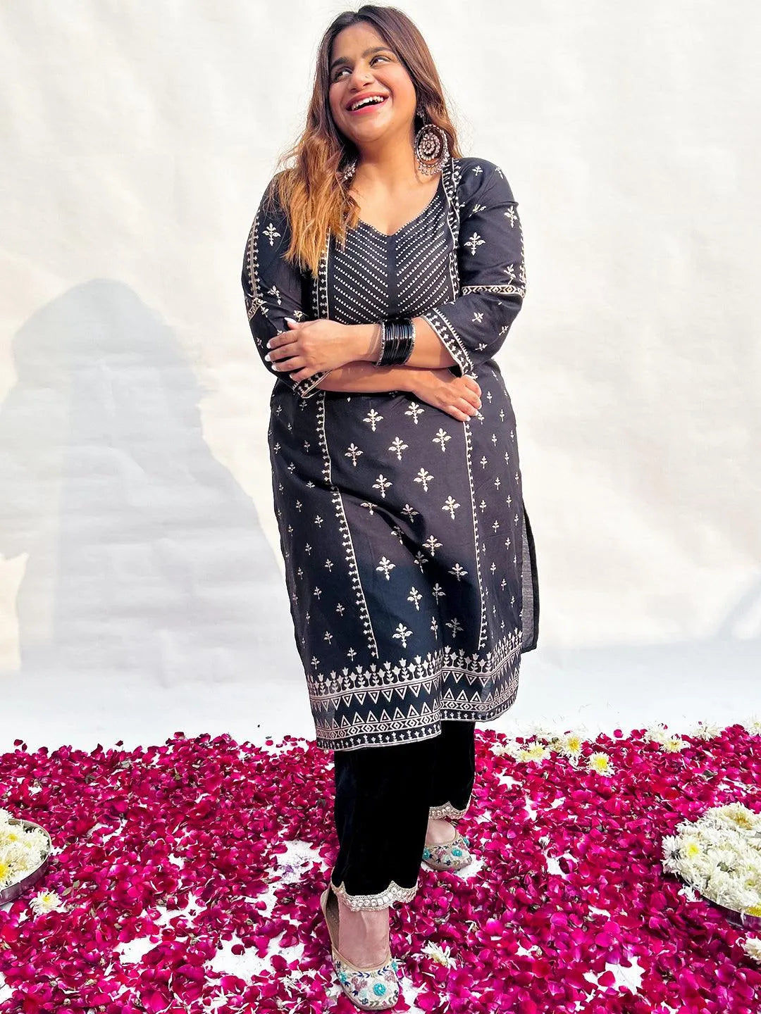 Plus Size Black Printed Silk Straight Kurta - Libas