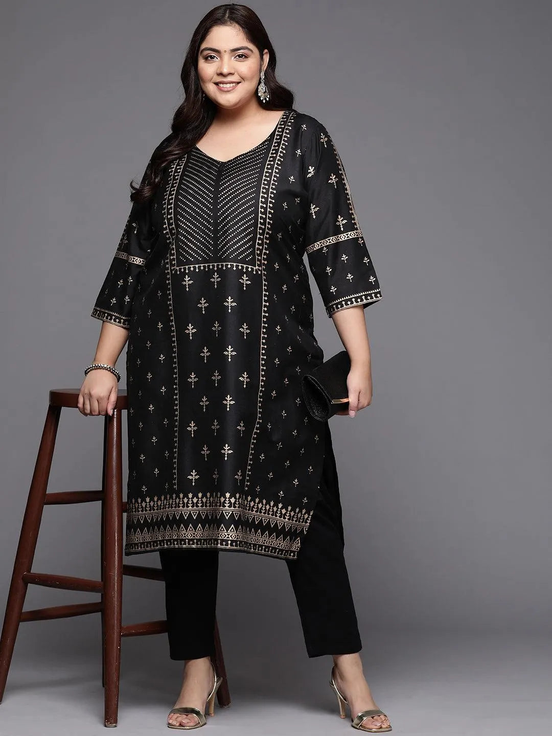 Plus Size Black Printed Silk Straight Kurta - Libas