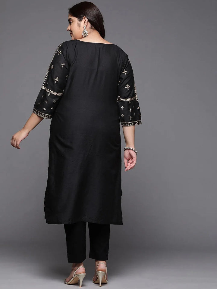 Plus Size Black Printed Silk Straight Kurta - Libas