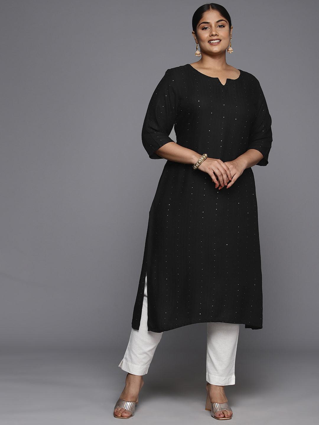 Plus Size Black Rayon Embroidered Straight Kurta - Libas