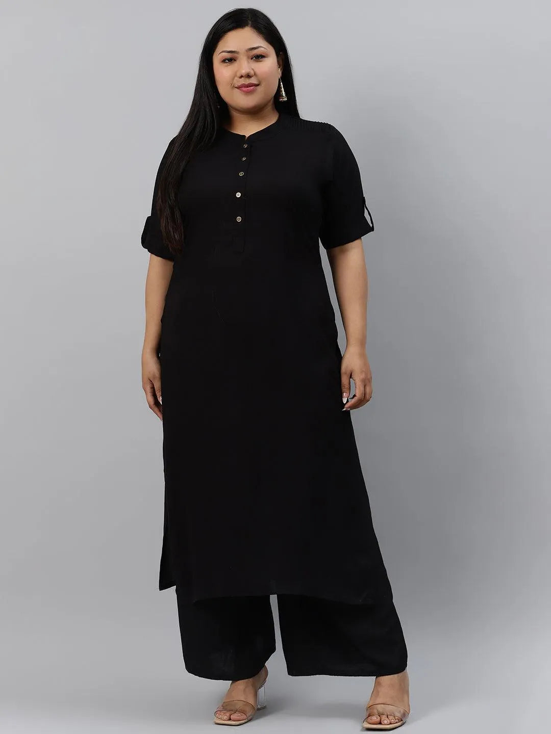 Plus Size Black Solid Rayon Kurta - Libas