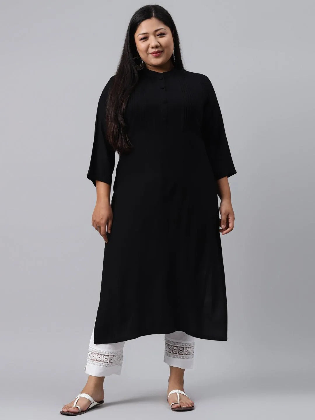 Plus Size Black Solid Rayon Kurta - Libas