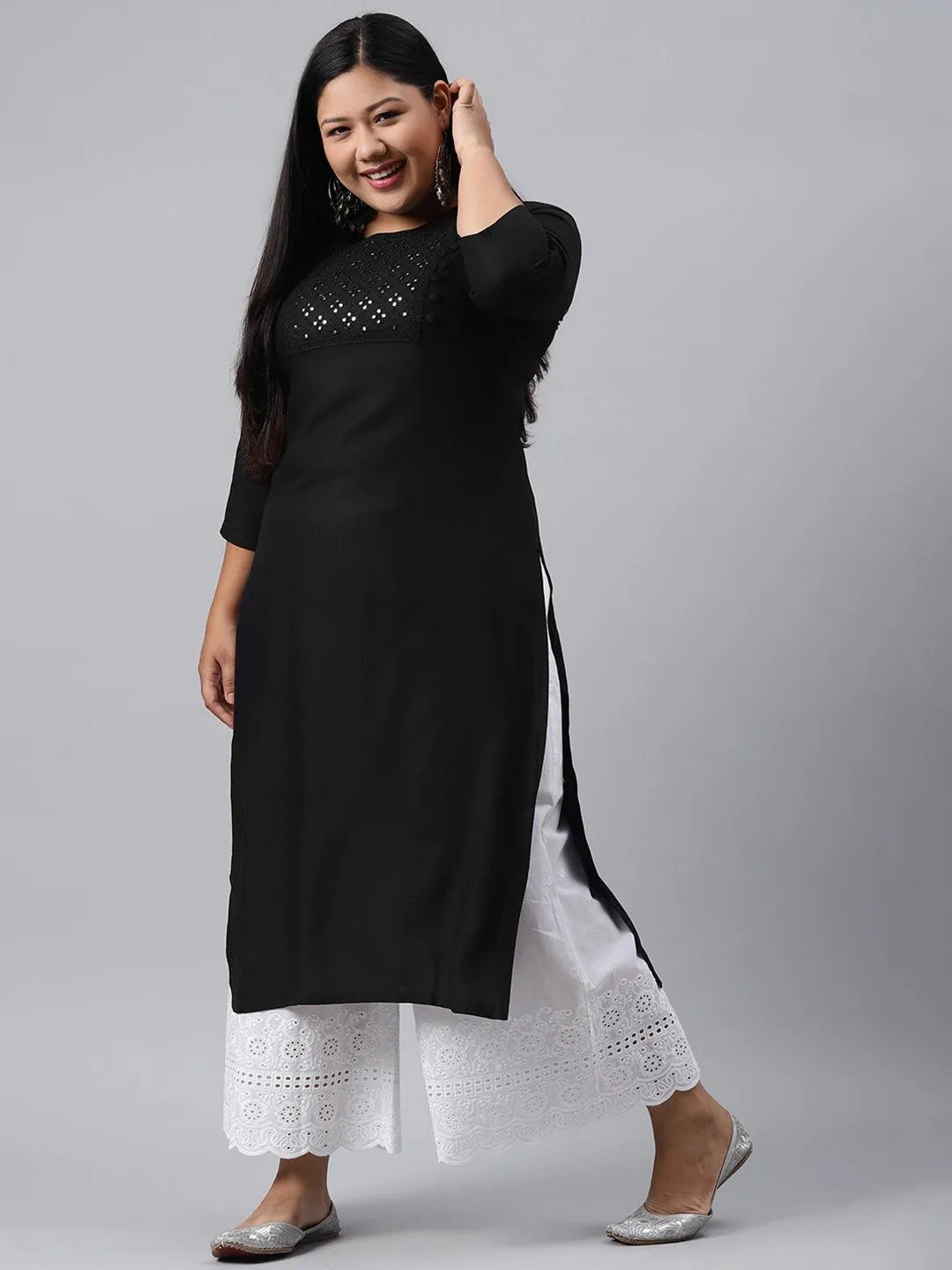 Plus Size Black Solid Rayon Kurta - Libas