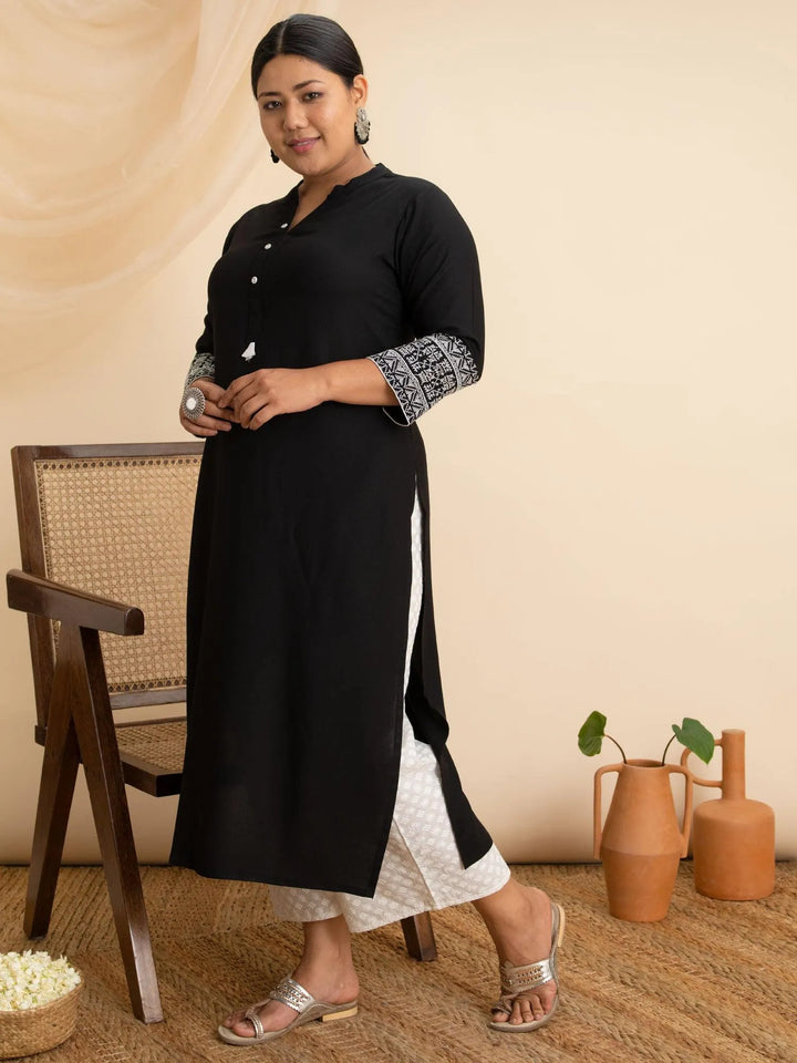 Plus Size Black Solid Rayon Kurta - Libas