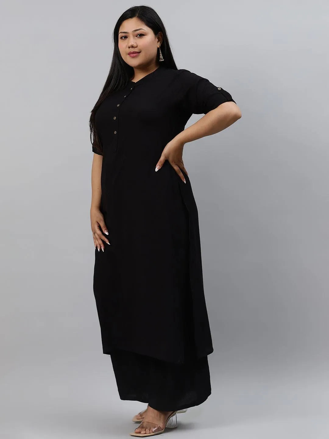 Plus Size Black Solid Rayon Kurta - Libas