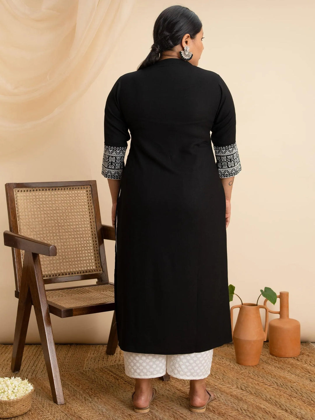 Plus Size Black Solid Rayon Kurta - Libas