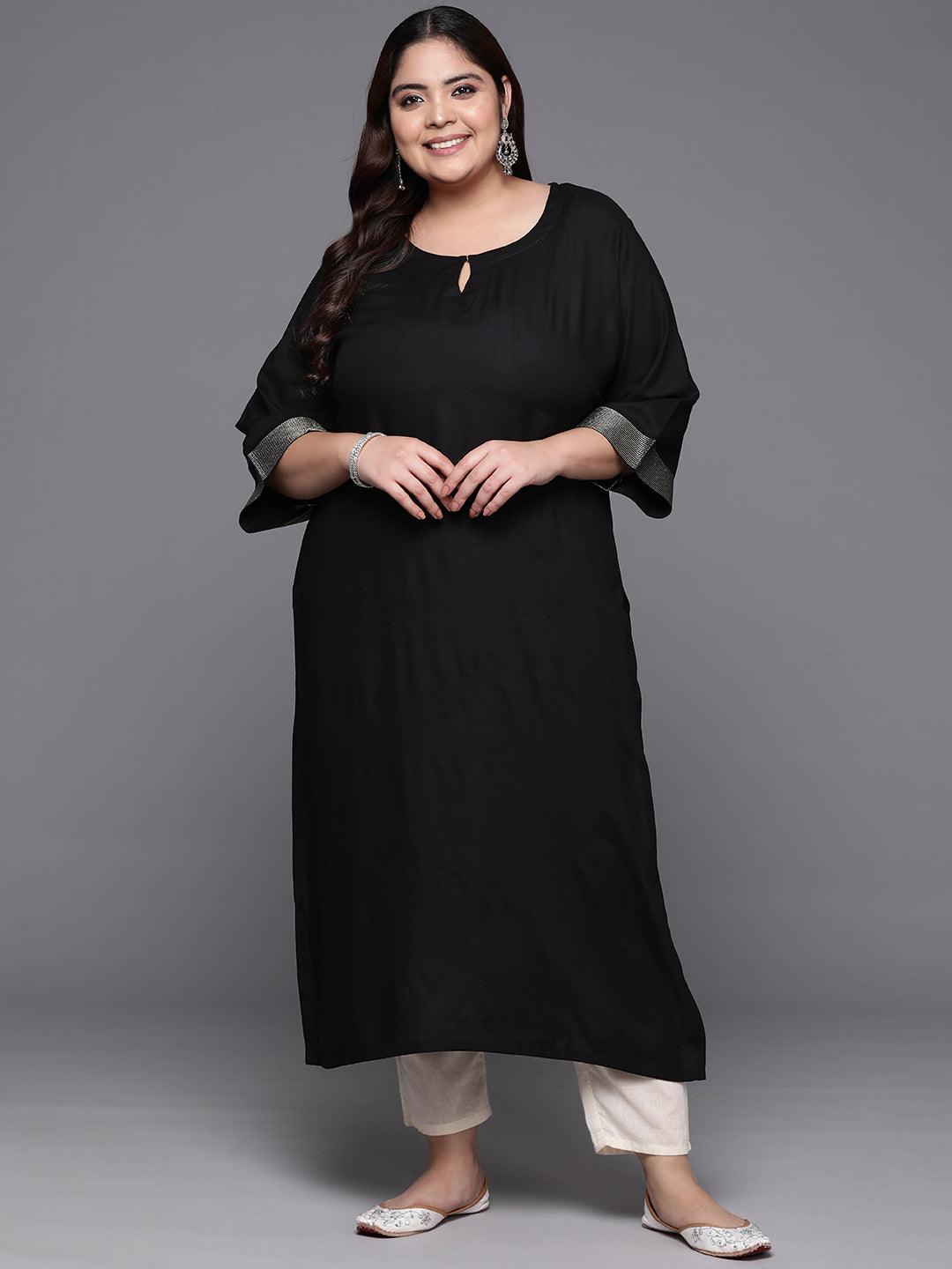 Plus Size Black Solid Rayon Straight Kurta - Libas