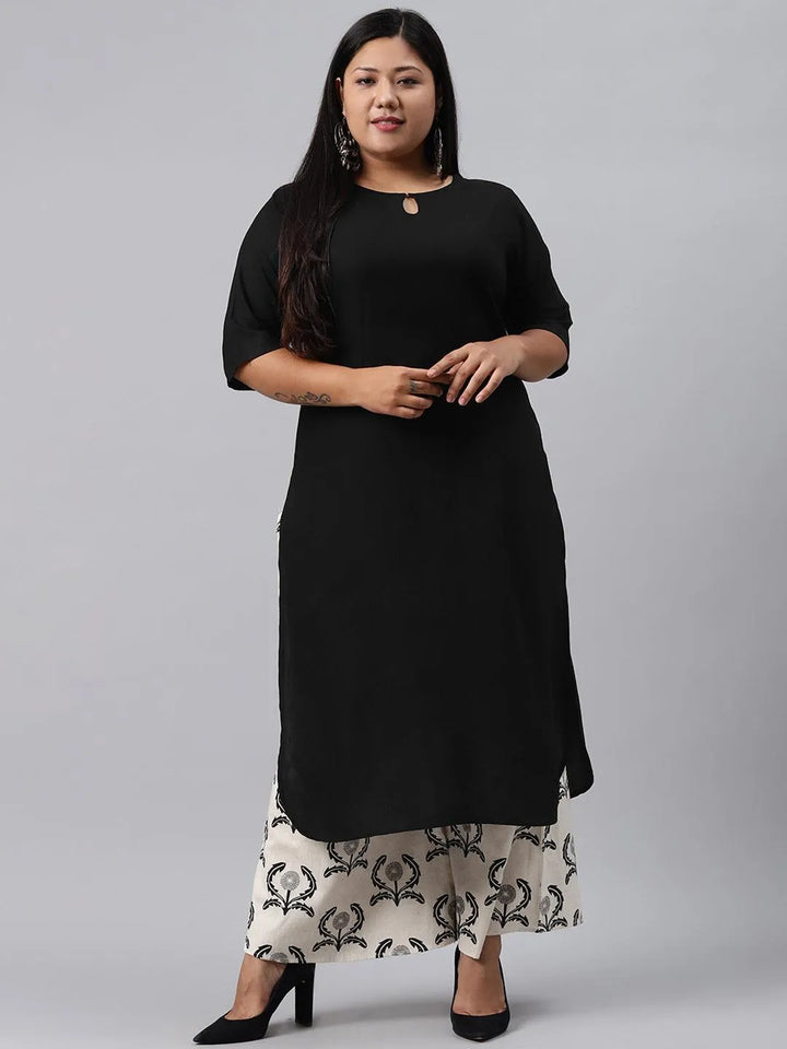 Plus Size Black Solid Rayon Kurta Set - Libas