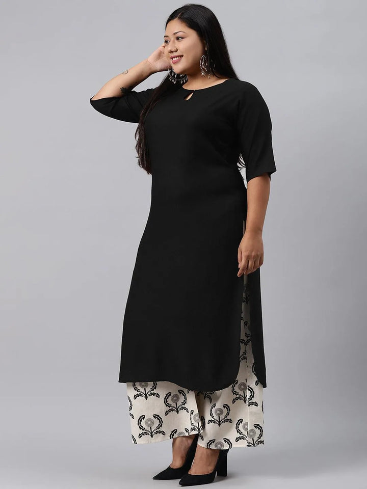 Plus Size Black Solid Rayon Kurta Set - Libas