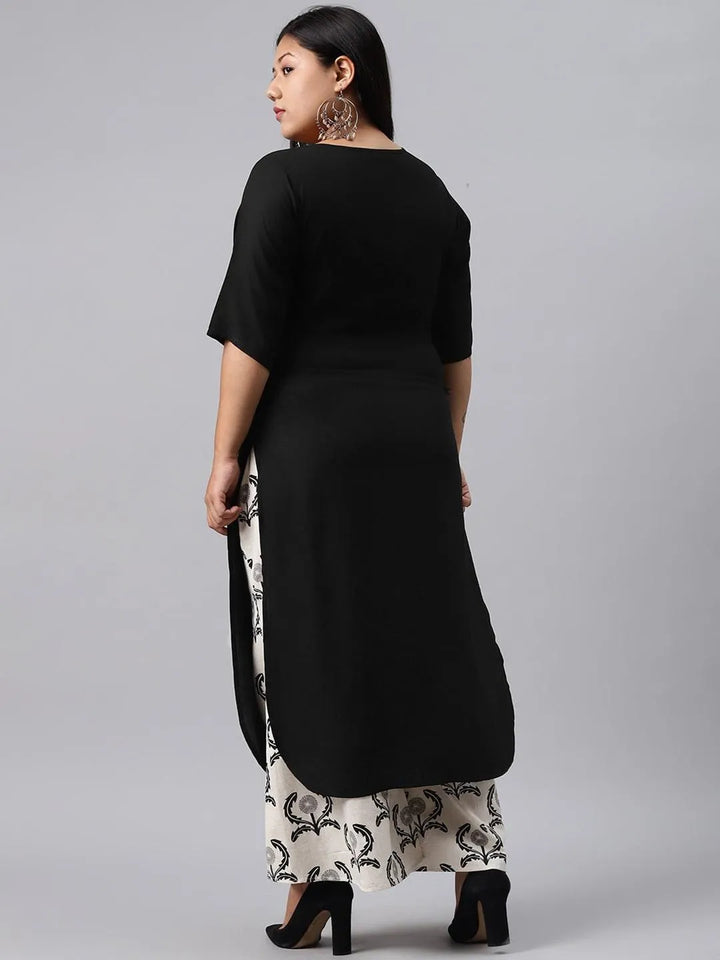 Plus Size Black Solid Rayon Kurta Set - Libas