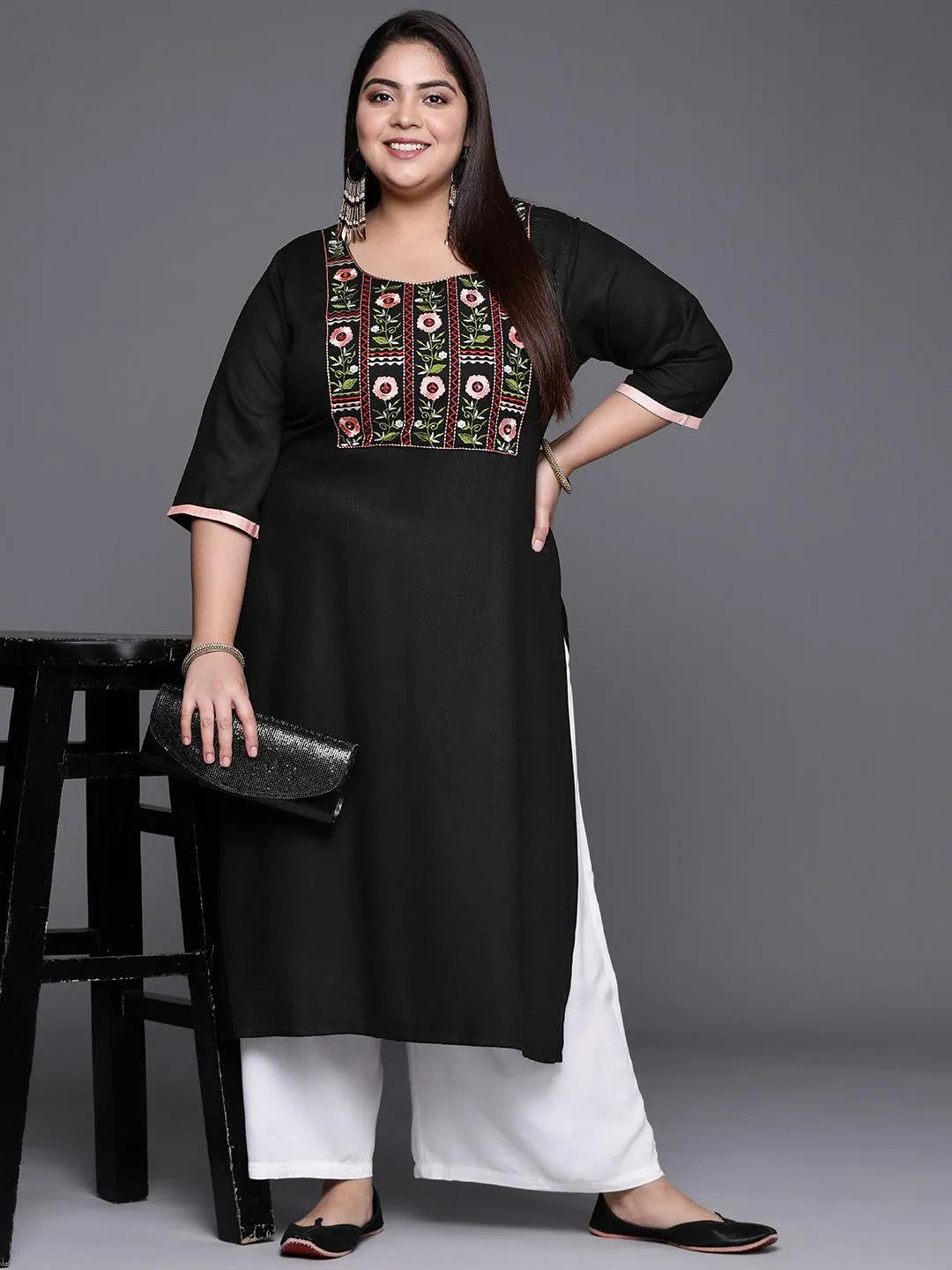 Plus Size Black Solid Wool Kurta - Libas