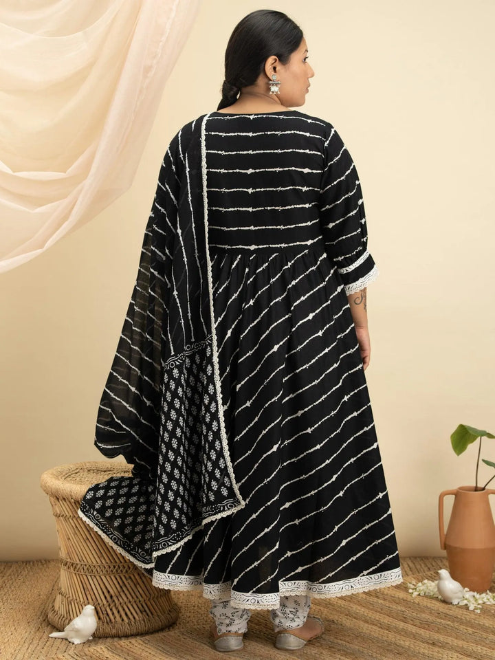 Plus Size Black Striped Cotton Suit Set - Libas