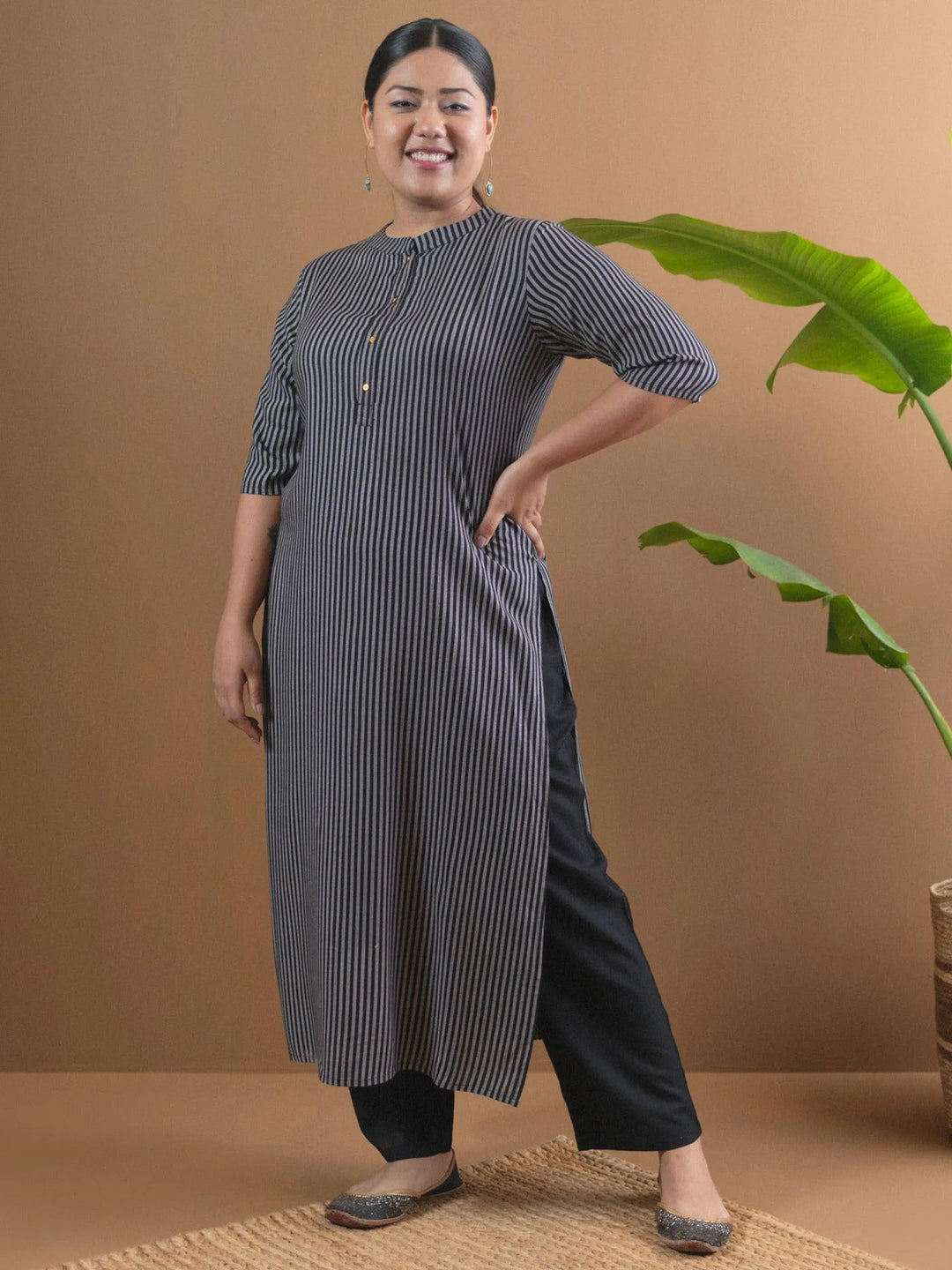 Plus Size Black Striped Rayon Kurta - Libas