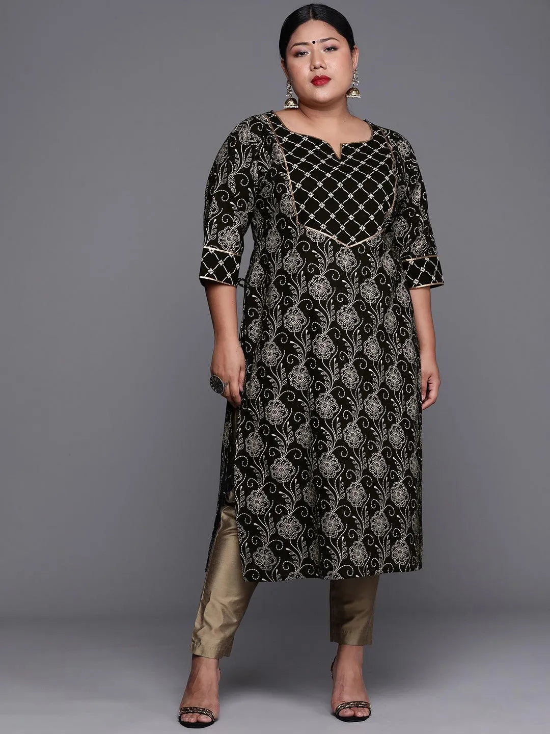 Plus Size Black Yoke Design Cotton Kurta - Libas 