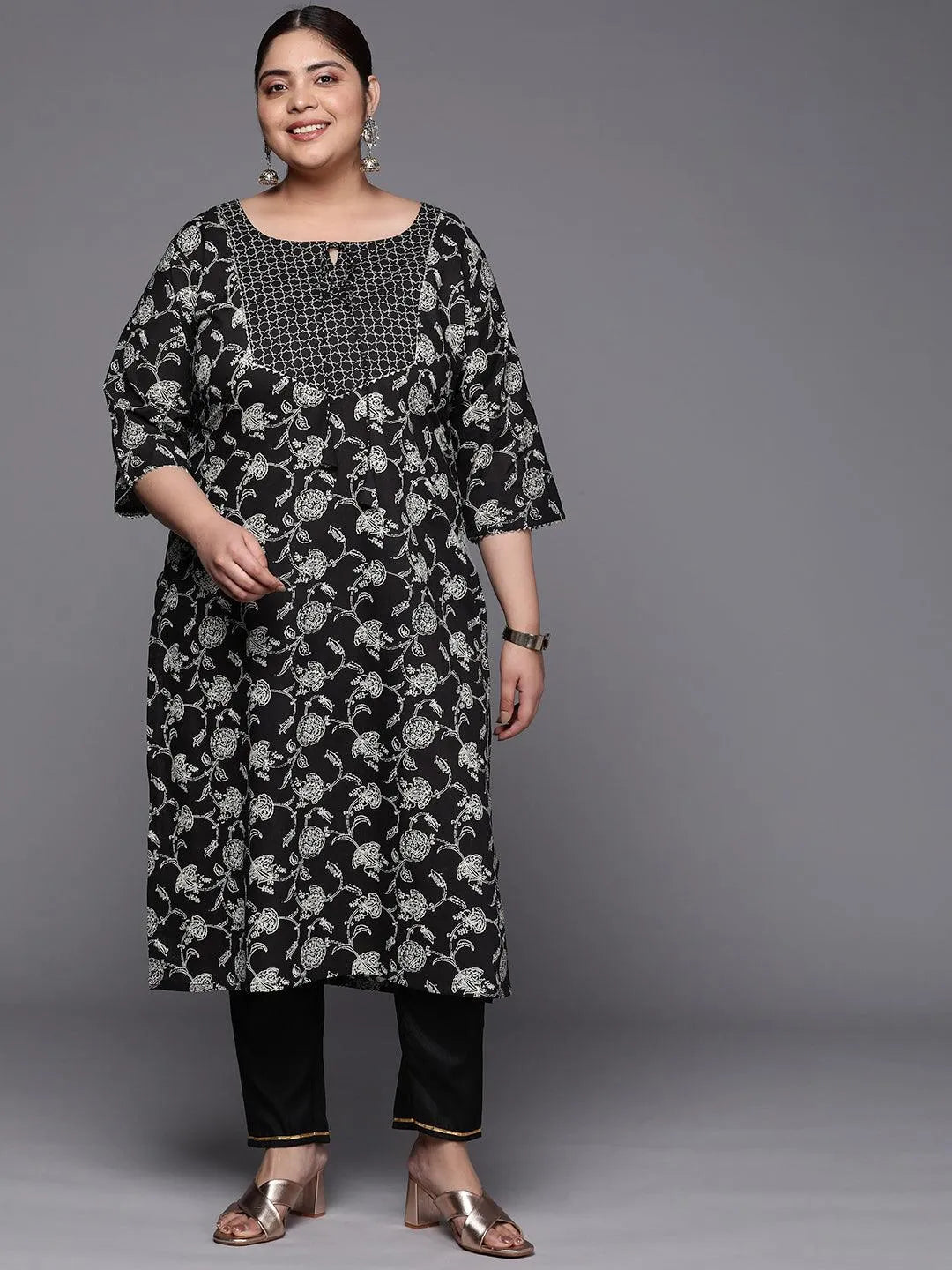 Plus Size Black Yoke Design Cotton Straight Kurta - Libas