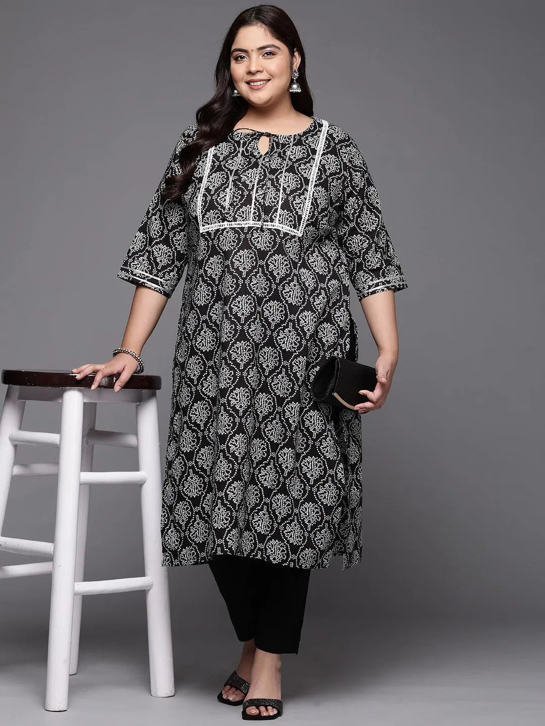 Plus Size Black Yoke Design Cotton Straight Kurta - Libas